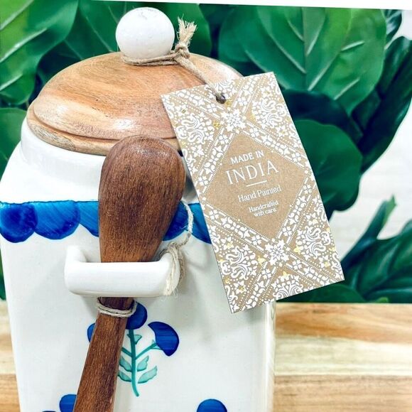NWT Tik Tok Viral Made in India Artisan Blue Ceramic Canister w Wood Spoon & Lid - Picture 13 of 16